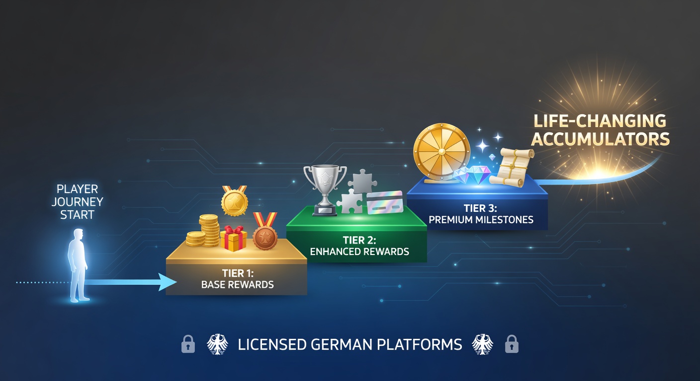 Visualisierung einer Spielerreise durch verschiedene Belohnungsebenen hin zu großen Jackpot-Akkumulatoren auf deutschen Plattformen